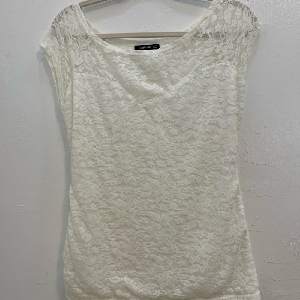 PattyBoutik Women's White Sheer Lace Blouse Size L